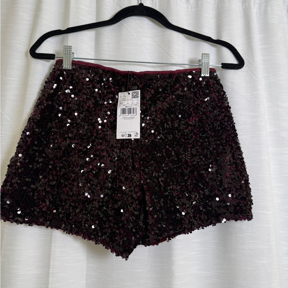 Mango Burgundy Sequin Party Shorts Sparkle Festival Outfit | NWT Size XS - Picture 9 of 10